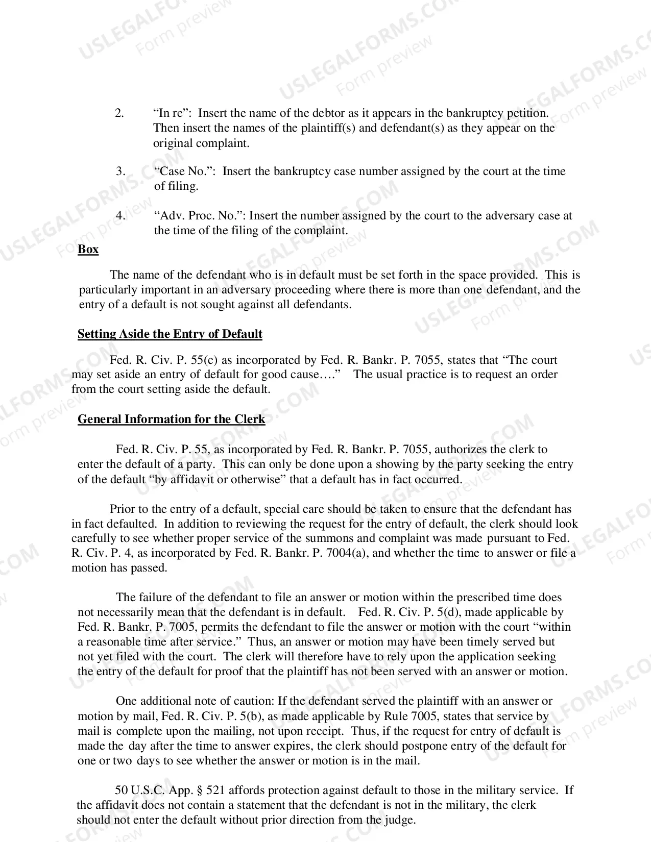 Preview Instructions for Entry of Default