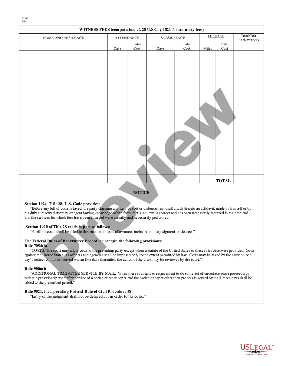 page 1 Bill of Costs - B 263 preview