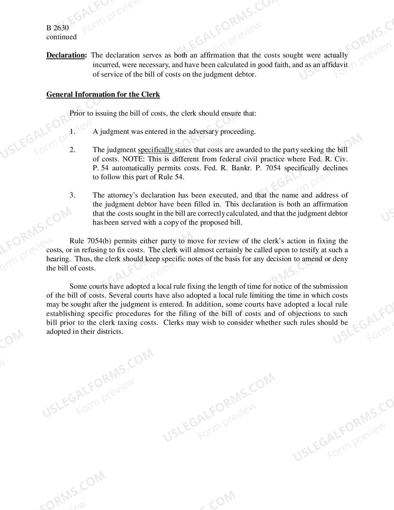 Preview Instructions for Bill of Costs
