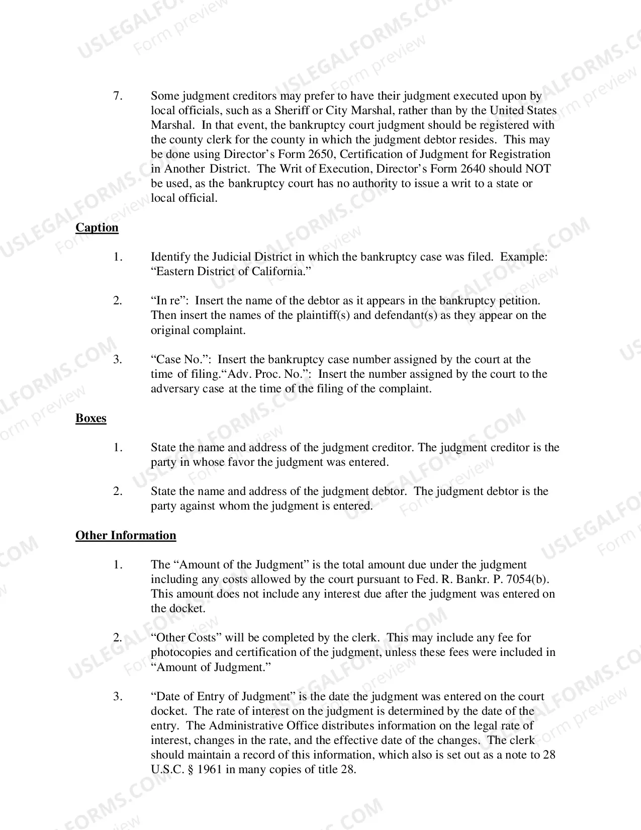 Preview Instructions for Writ of Execution to the United State Marshal