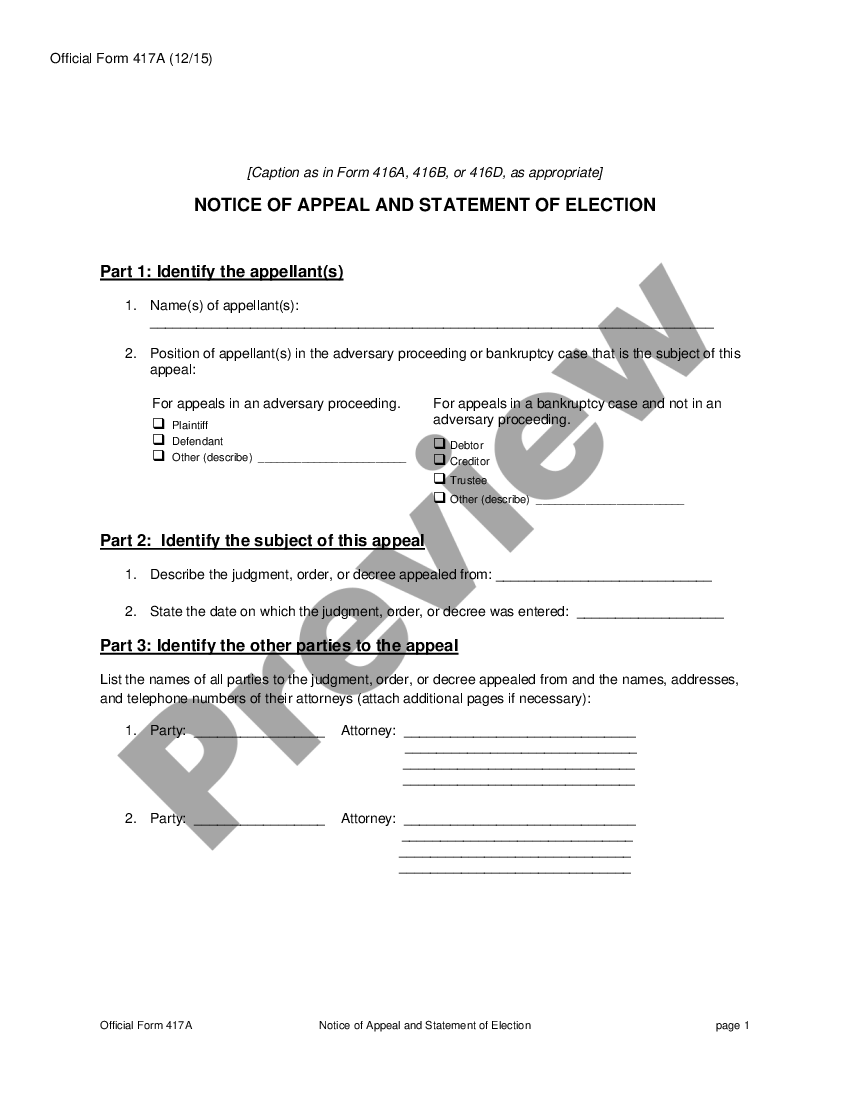 Notice of Appeal And Statement Of Election | US Legal Forms