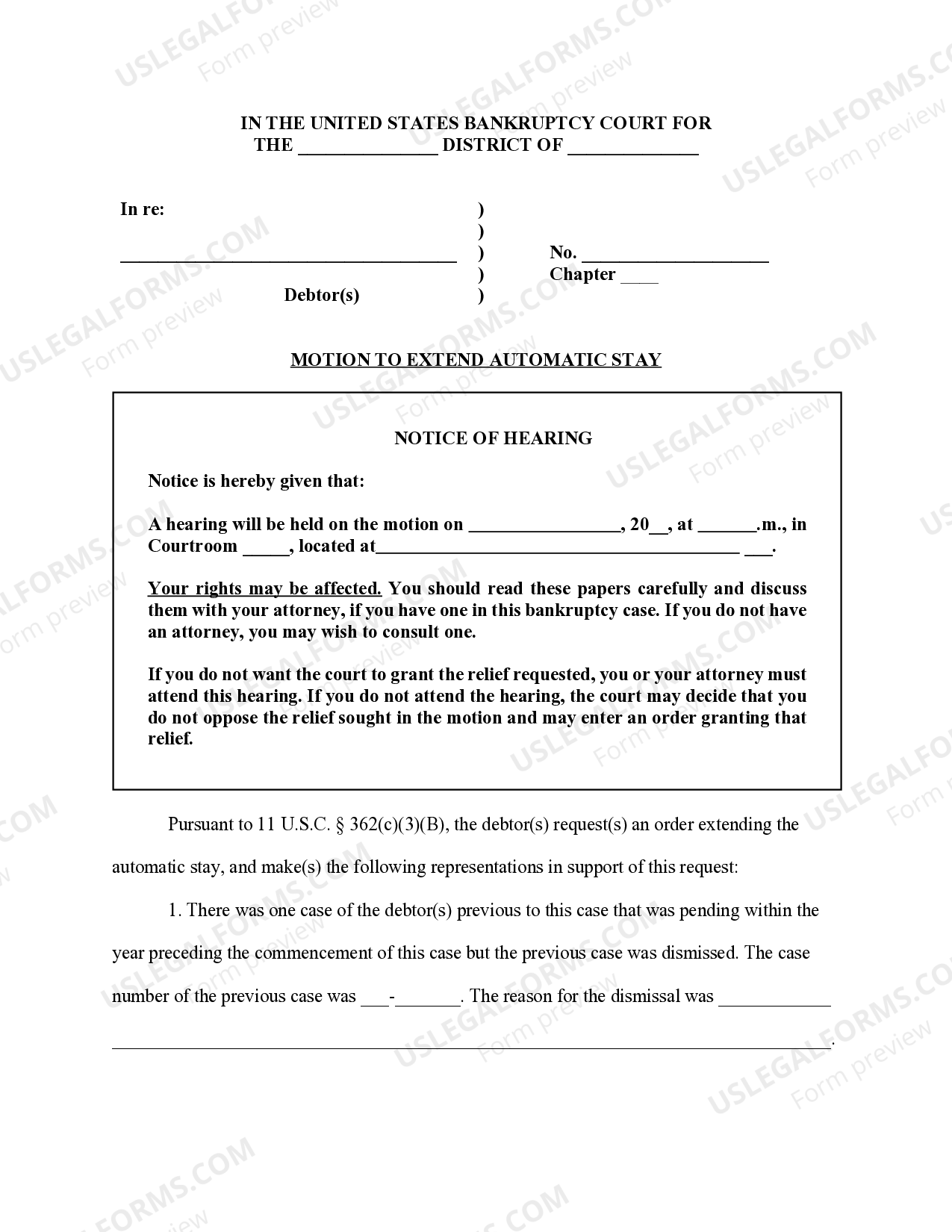 Debtor's motion to extend automatic stay Automatic Stay Order US Legal Forms