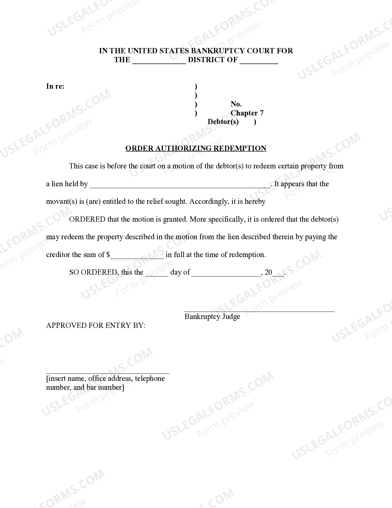 Order authorizing redemption US Legal Forms