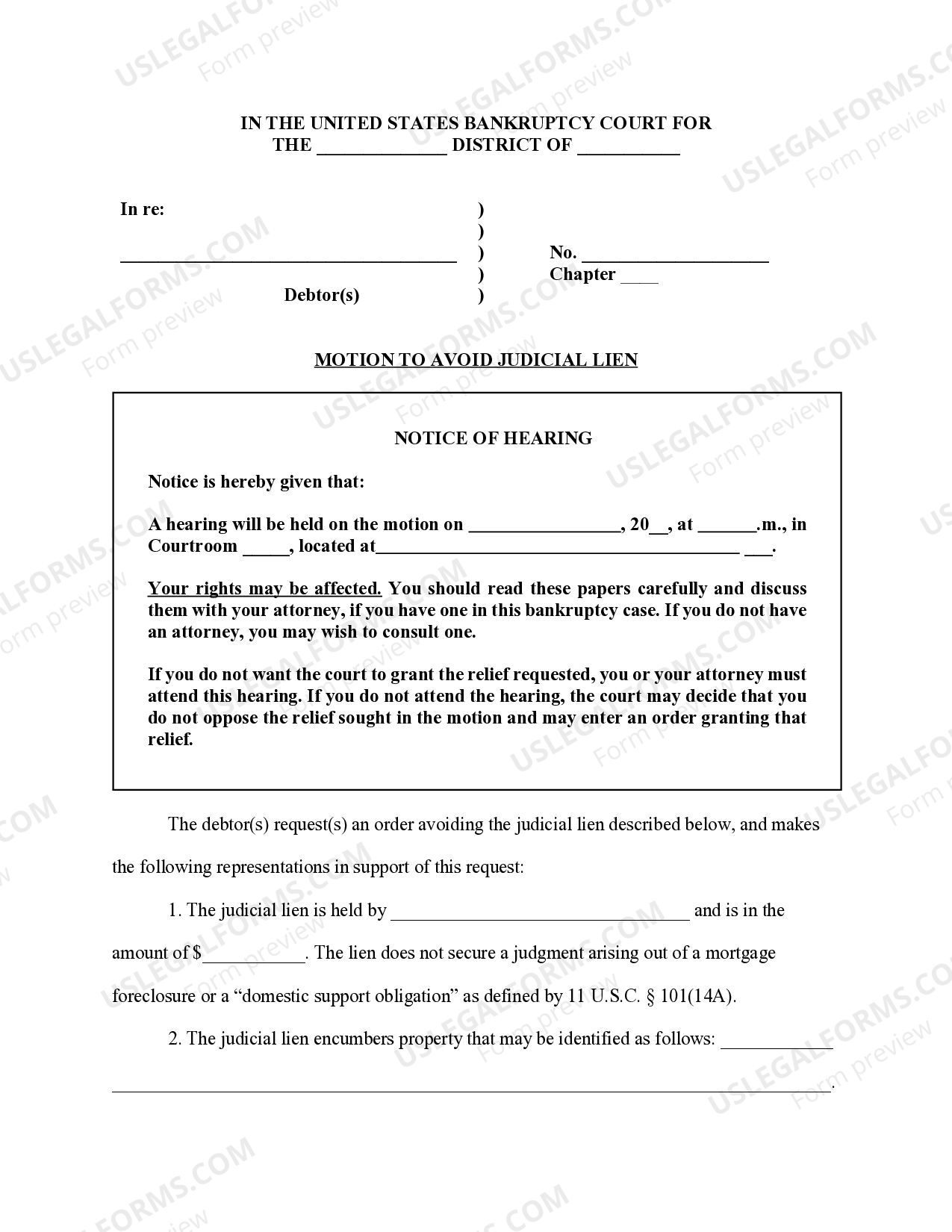 Motion to avoid judicial lien hearing Motion Avoid US Legal Forms