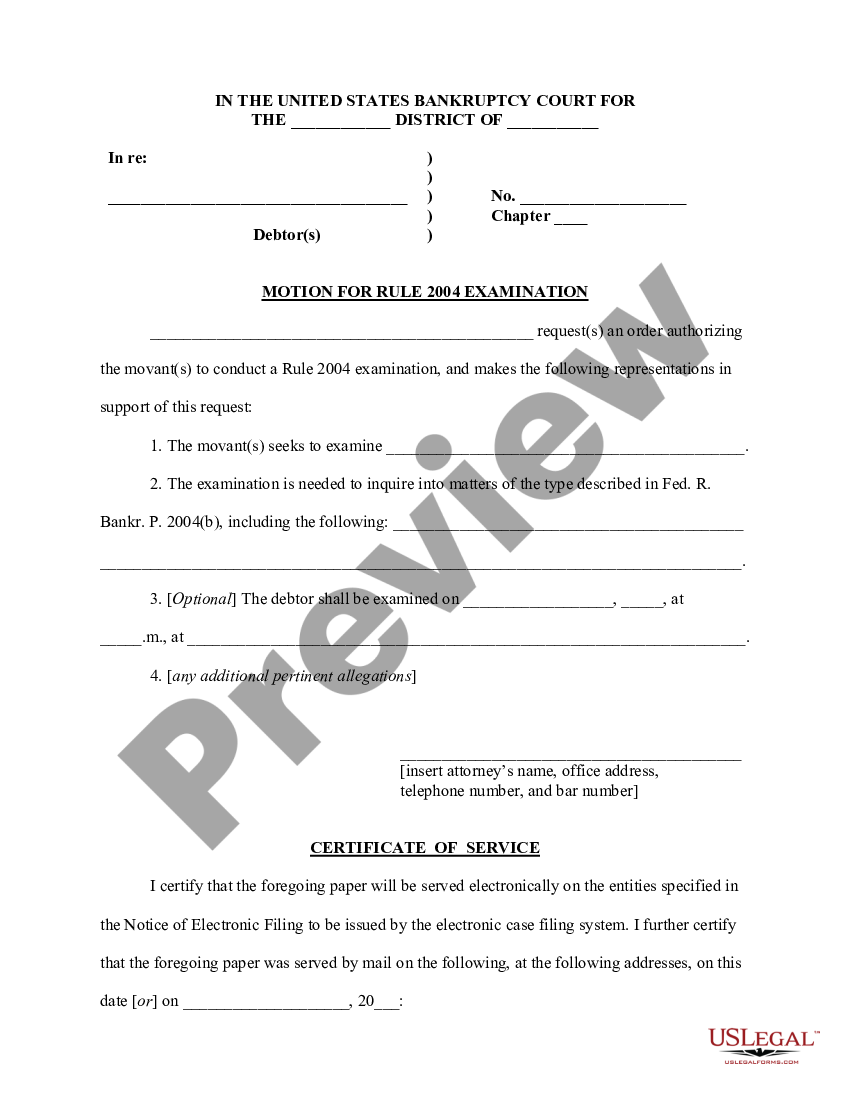 Motion for Rule 2004 examination - ex parte - Ex Parte | US Legal Forms