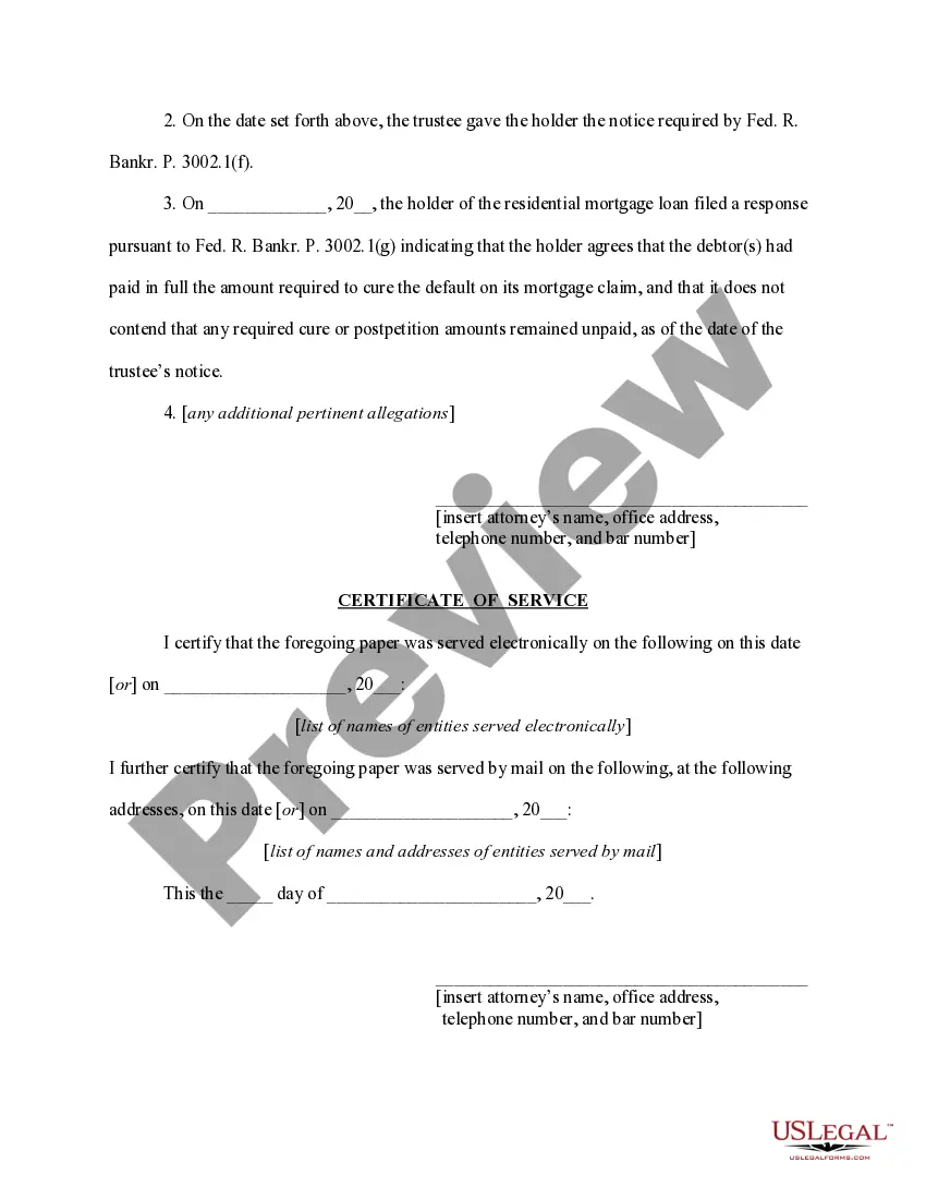 Get Motion to determine final cure and payment (mortgagee filed to respond to trustee's notice) Preview Motion to determine final cure and payment (mortgagee filed to respond to trustee's notice)