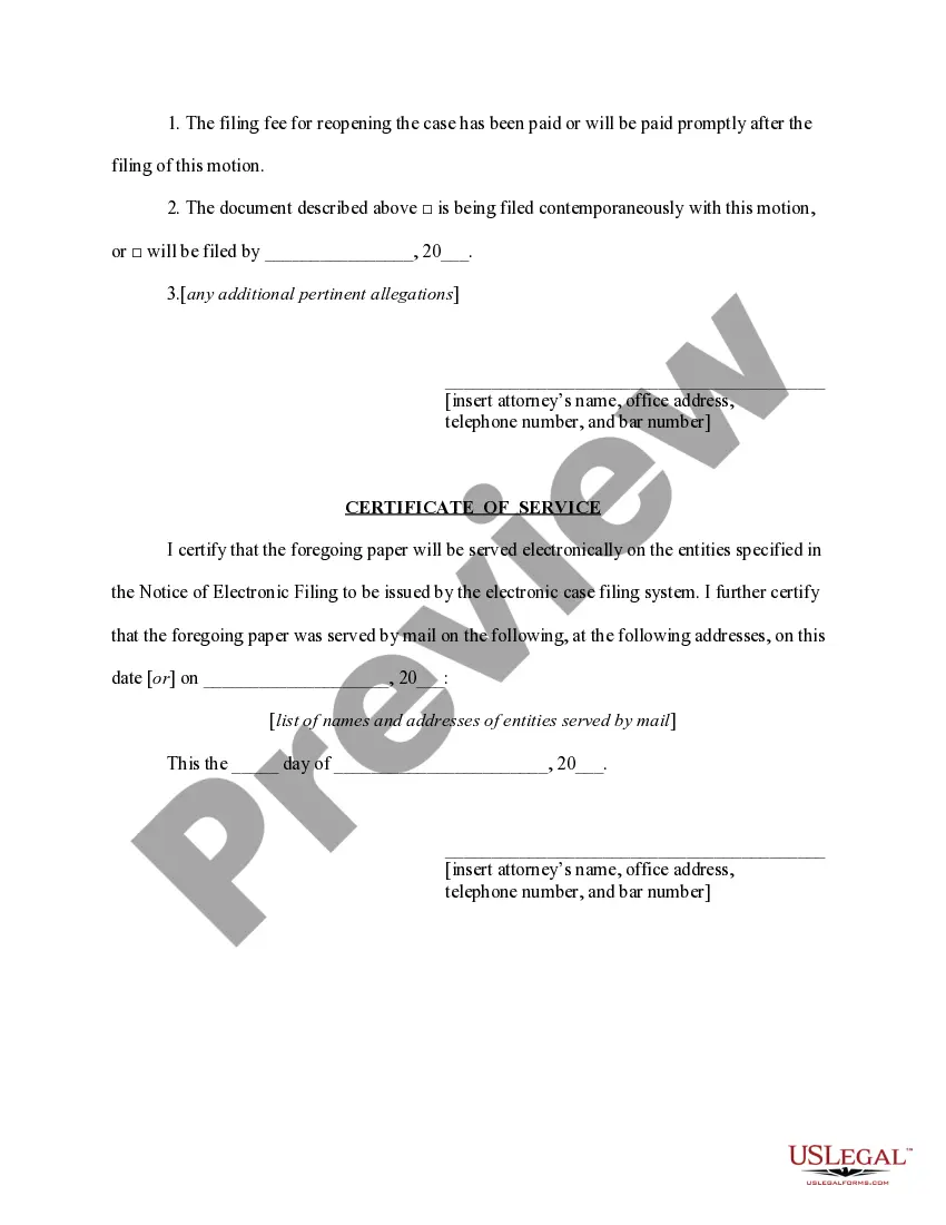 Get Motion to reopen case and for leave to file domestic support certification or proof of completion of instructional course in personal financial management Preview Motion to reopen case and for leave to file domestic support certification or proof of completion of instructional course in personal financial management