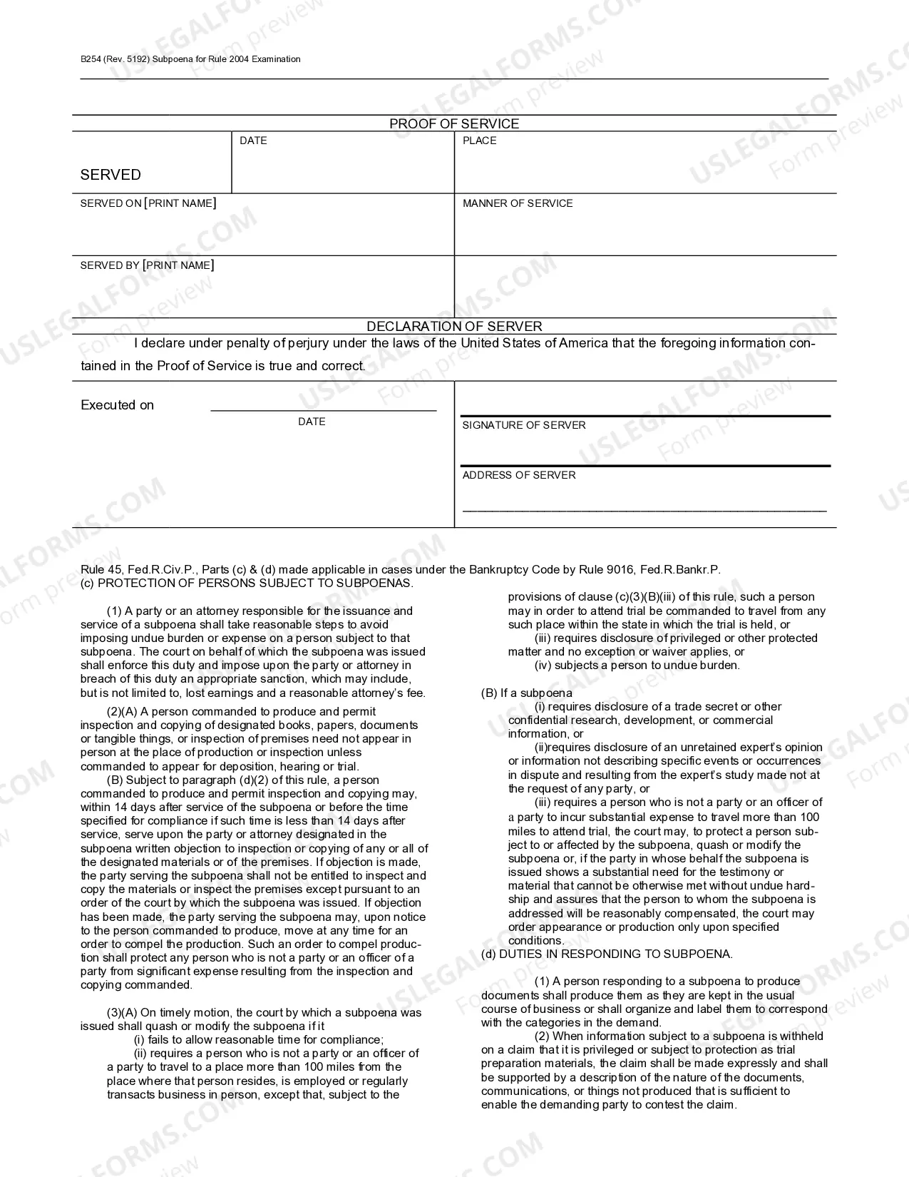 Preview Subpoena for Rule 2004 Examination