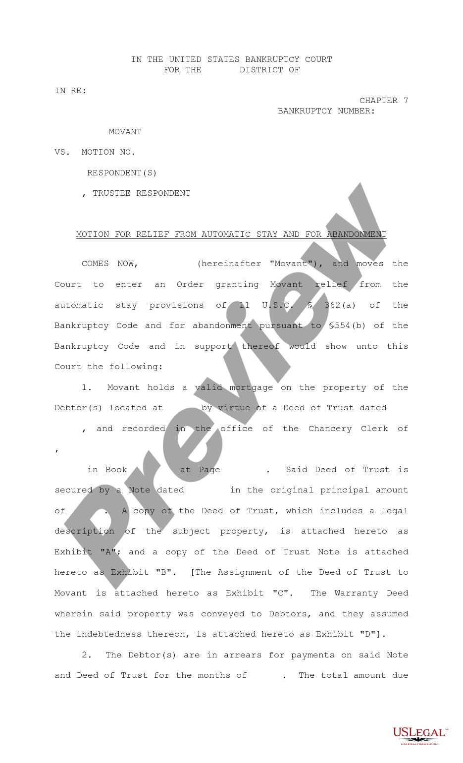 page 0 Motion for Relief from Stay and for Abandonment by Mortgage Holder - Real Estate preview