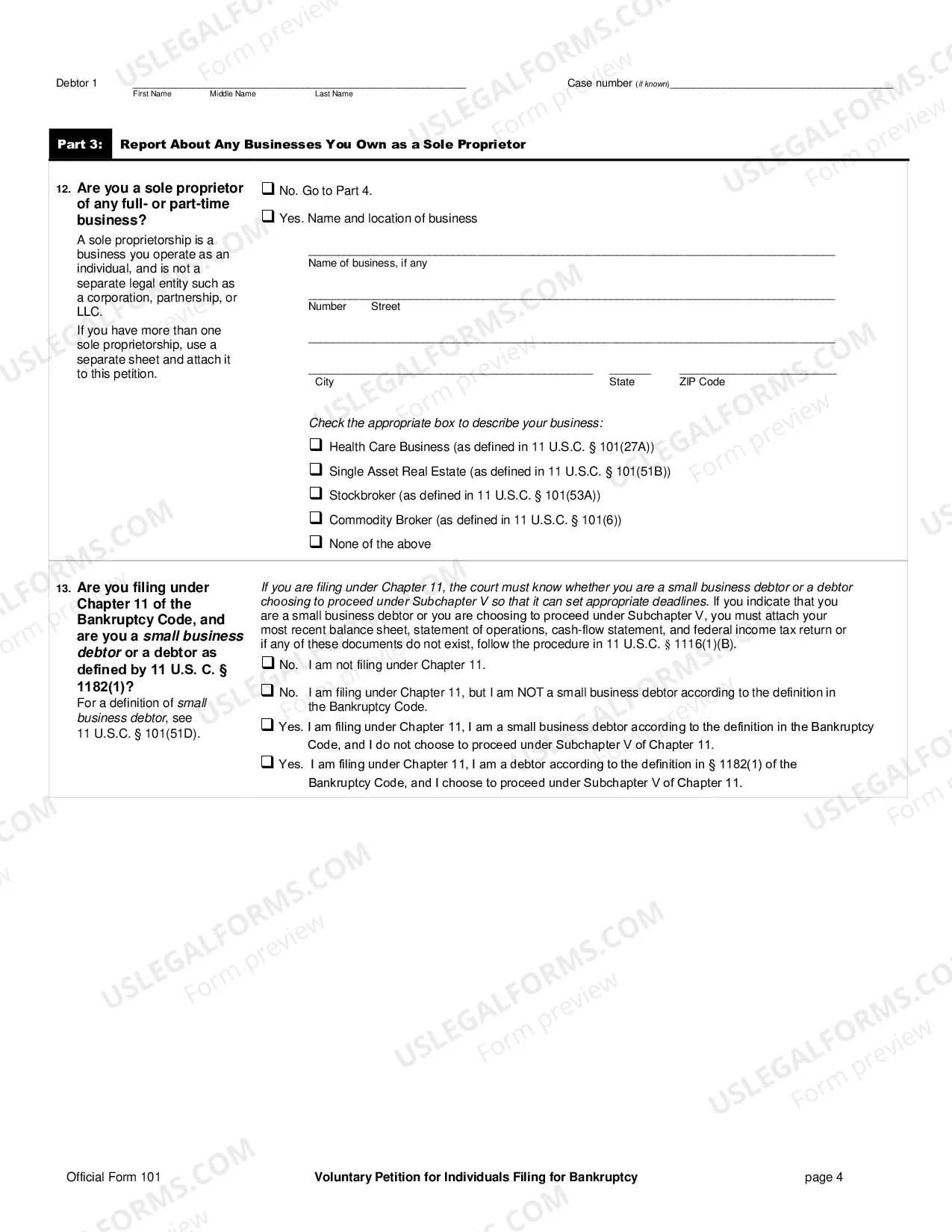 Preview Voluntary Petition - Form 1