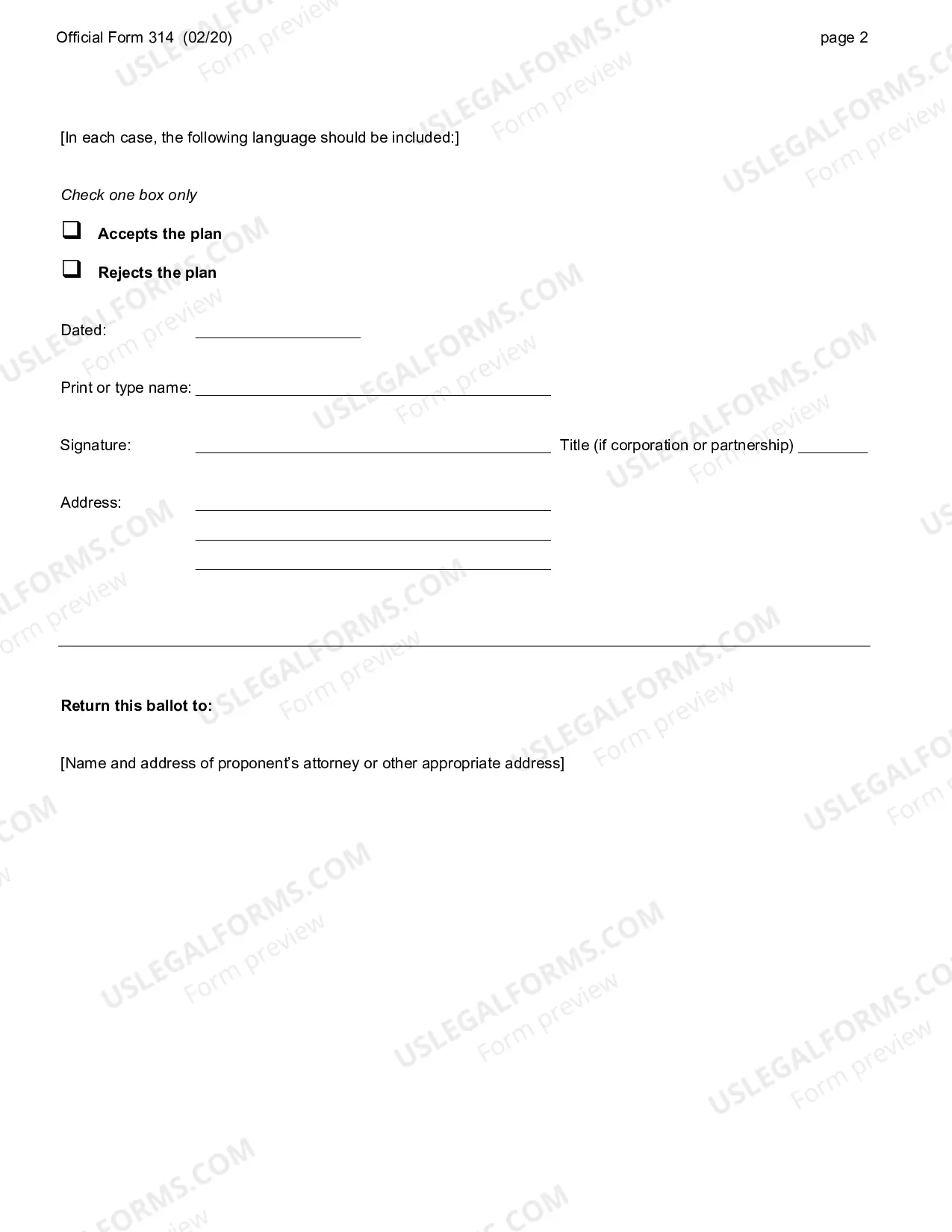 Preview Ballot for Accepting or Rejecting Plan of Reorganization - Form 14 - Pre and Post 2005 Act