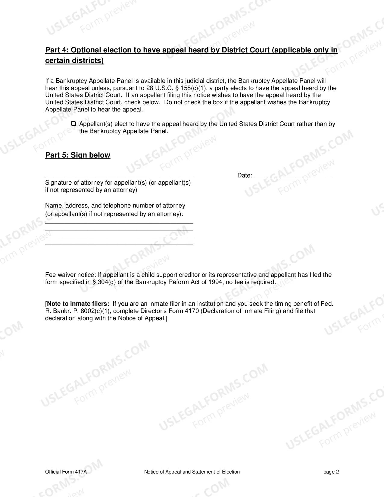 Preview Notice of Appeal under 28 U.S.C. Sec.158(a) or (b) from a Judgment, Order, or Decree of a Bankruptcy Judge - Form 17 - Pre and Post 2005 Act