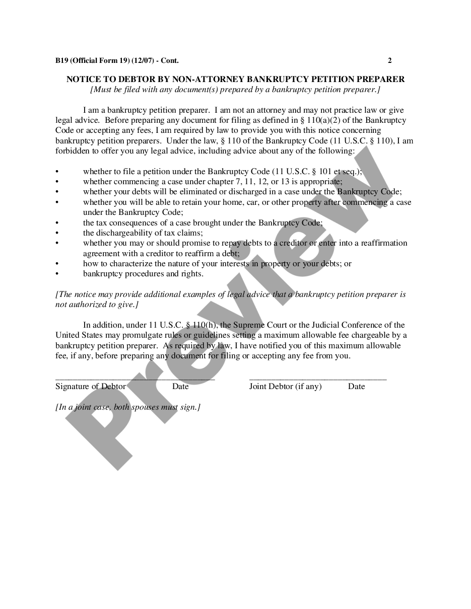 page 1 Certificate of Non-Attorney Bankruptcy Petition Preparer - Form 19 - Post 2005 Act preview