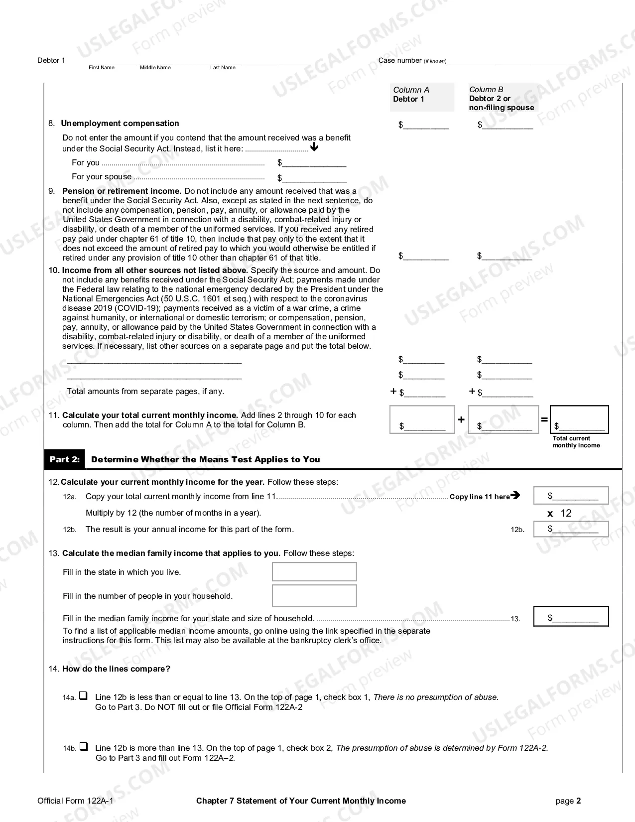 Preview Statement of Current Monthly Income and Means Test Calculation for Use in Chapter 7 - Post 2005