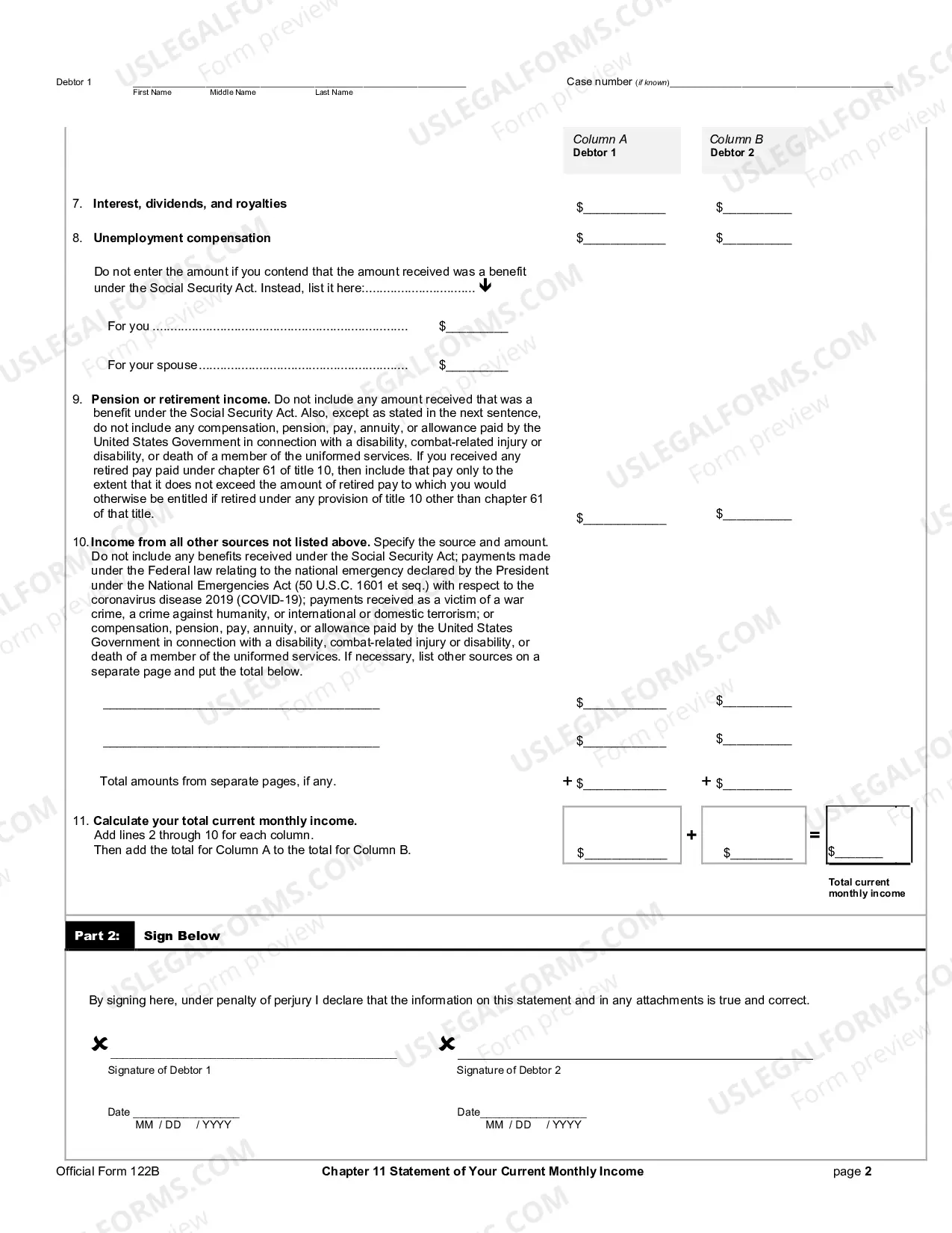 Preview Statement of Current Monthly Income for Use in Chapter 11 - Post 2005