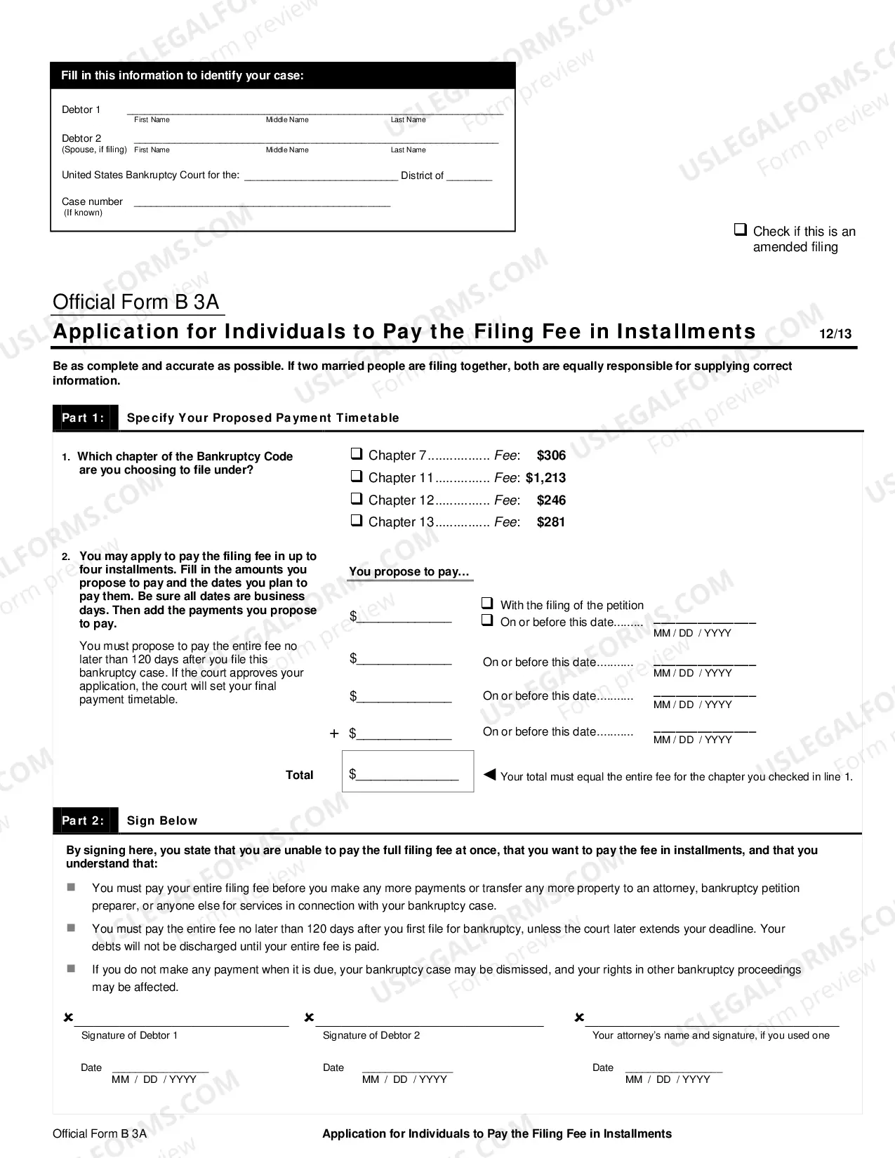 Preview Application and Order to Pay Filing Fee in Installments - Form 3 - Post 2005
