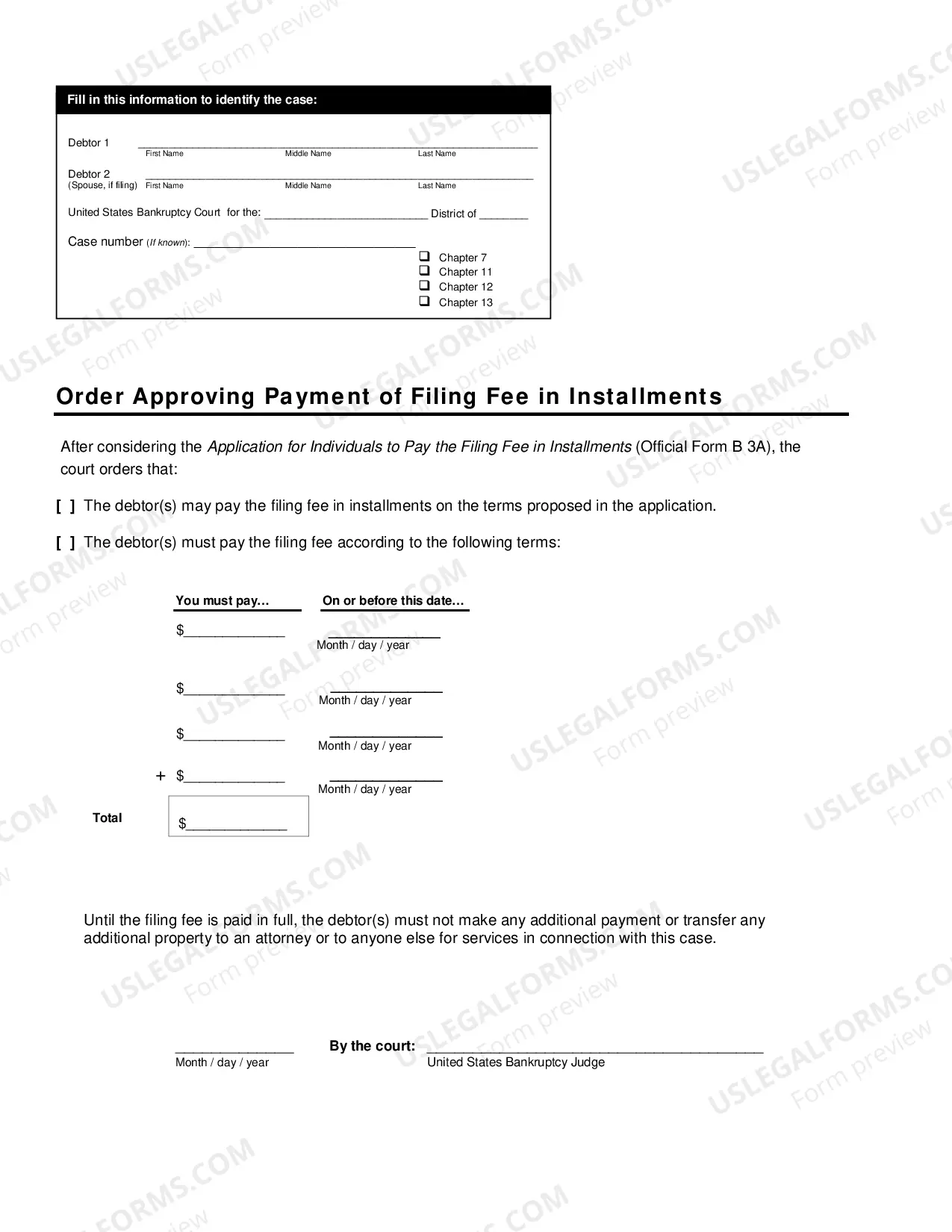 Preview Application and Order to Pay Filing Fee in Installments - Form 3 - Post 2005