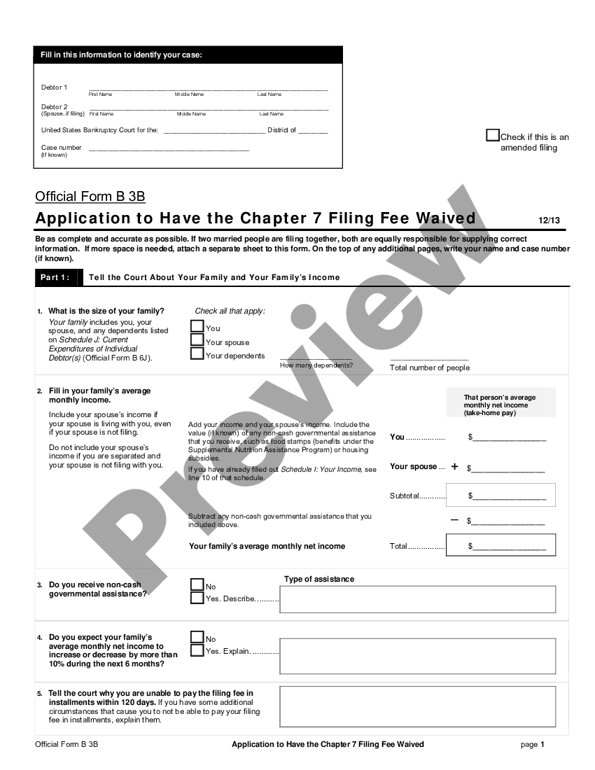 Application for Waiver of the Chapter 7 Filing Fee US Legal Forms