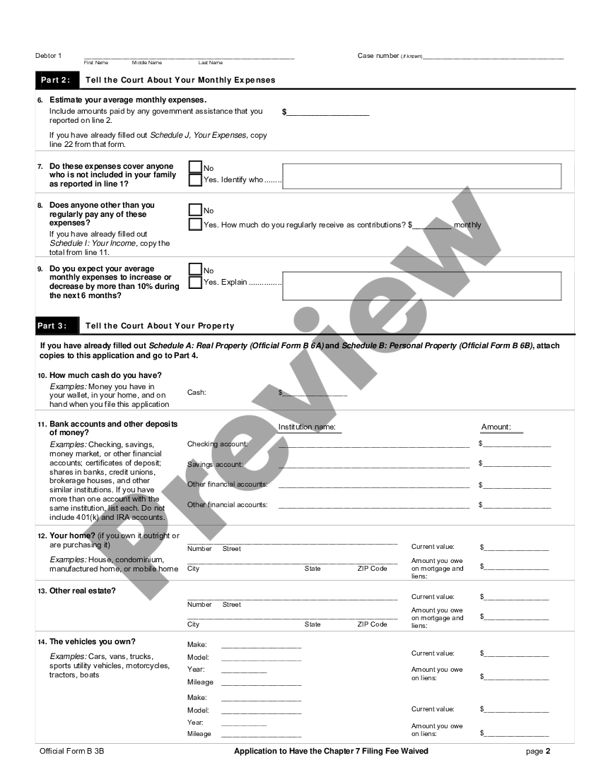 Application for Waiver of the Chapter 7 Filing Fee US Legal Forms