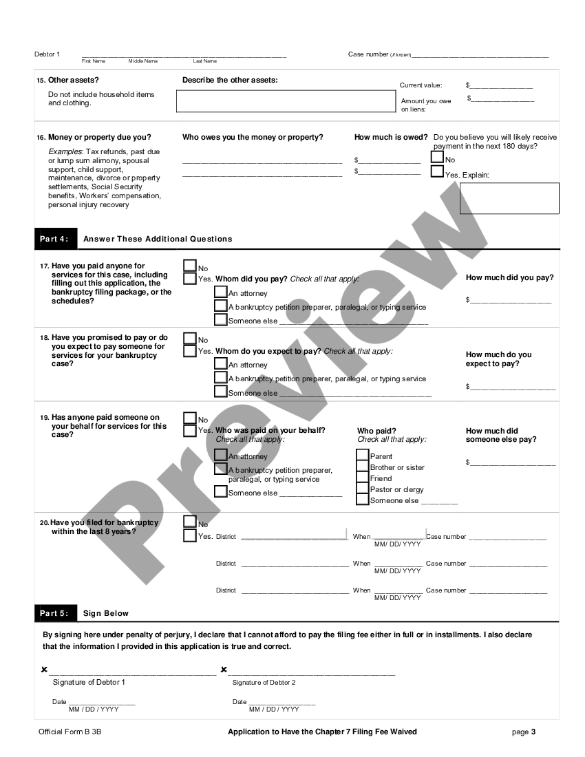 Application for Waiver of the Chapter 7 Filing Fee | US Legal Forms