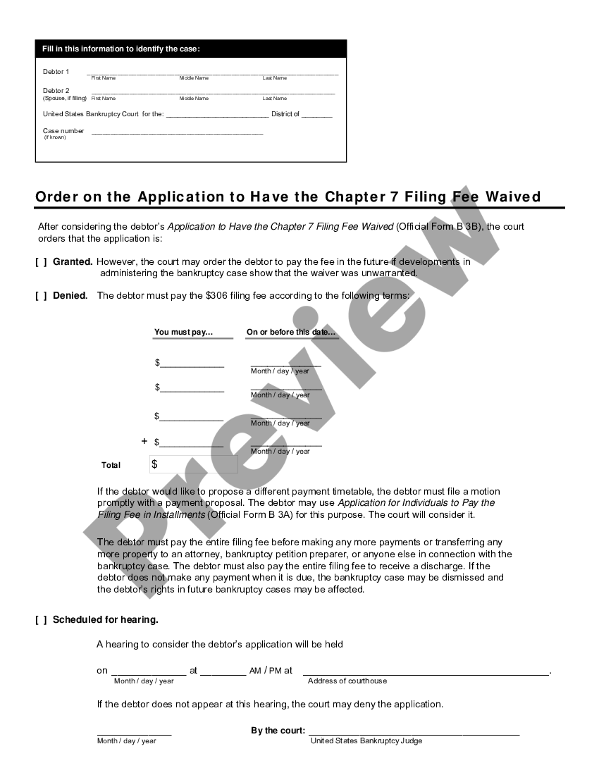 Application for Waiver of the Chapter 7 Filing Fee US Legal Forms