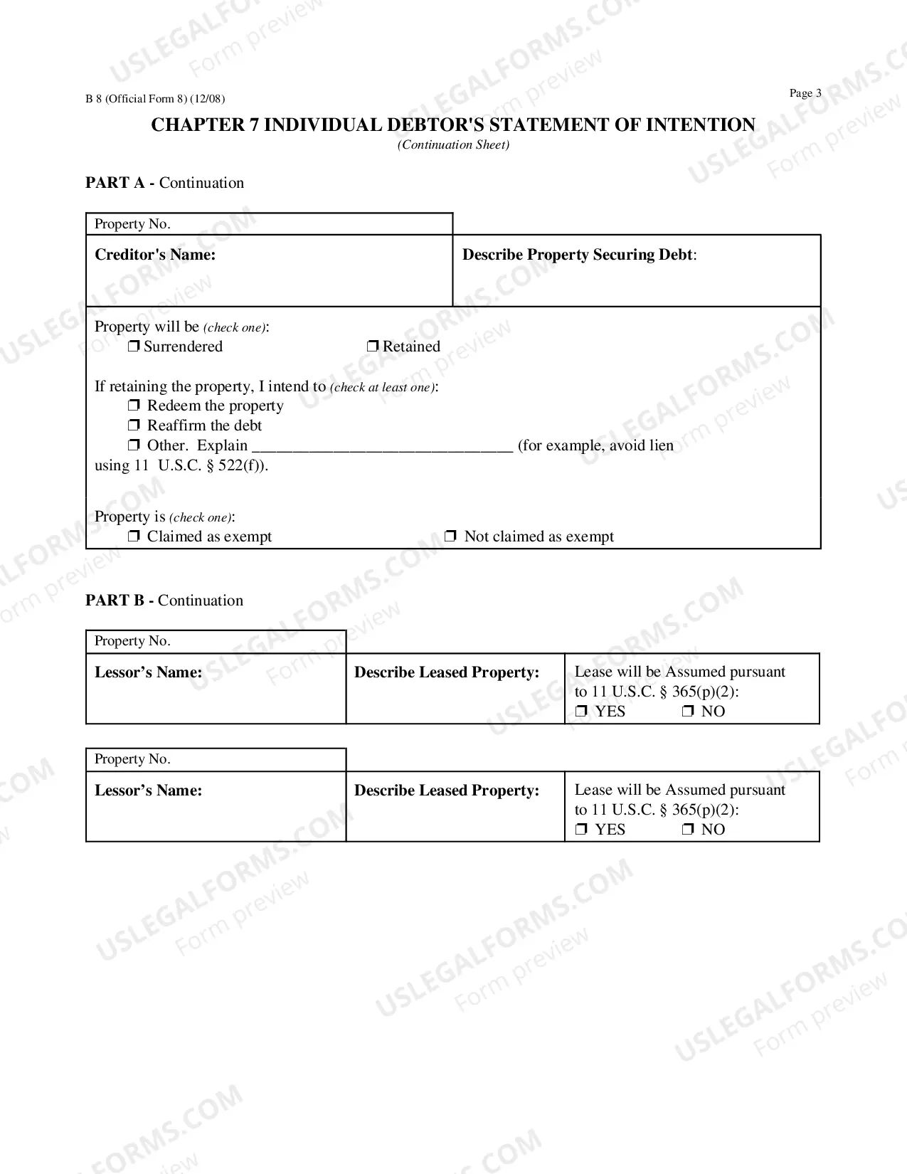 Preview Chapter 7 Individual Debtors Statement of Intention - Form 8 - Post 2005