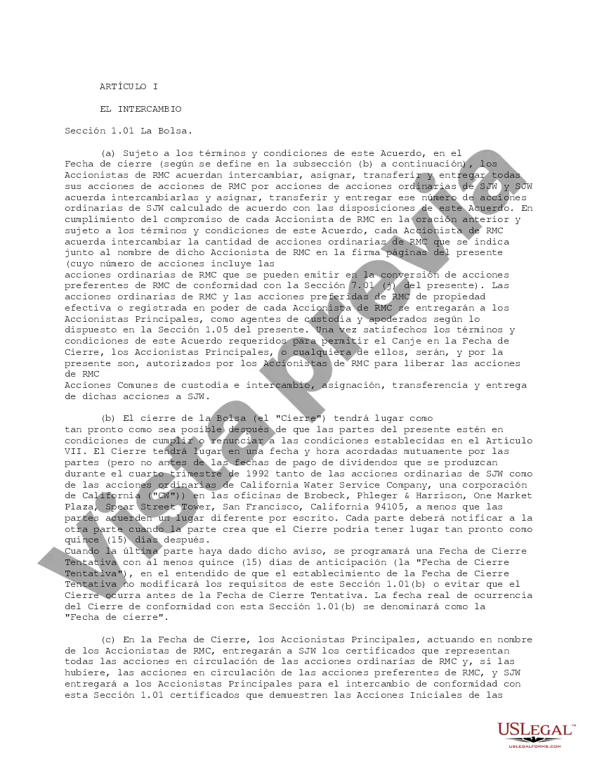 Preview Acuerdo bursátil de SJW Corp, Roscoe Moss Company y accionistas de RMC: solo texto