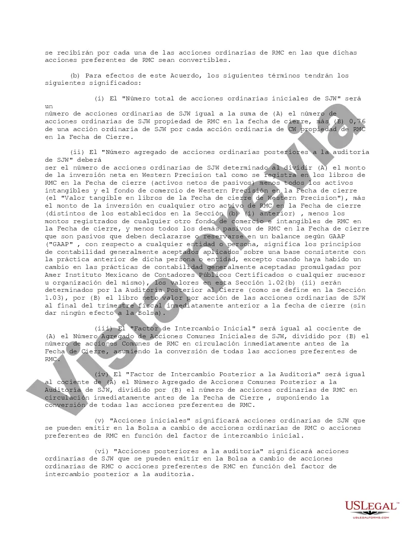 Preview Acuerdo bursátil de SJW Corp, Roscoe Moss Company y accionistas de RMC: solo texto