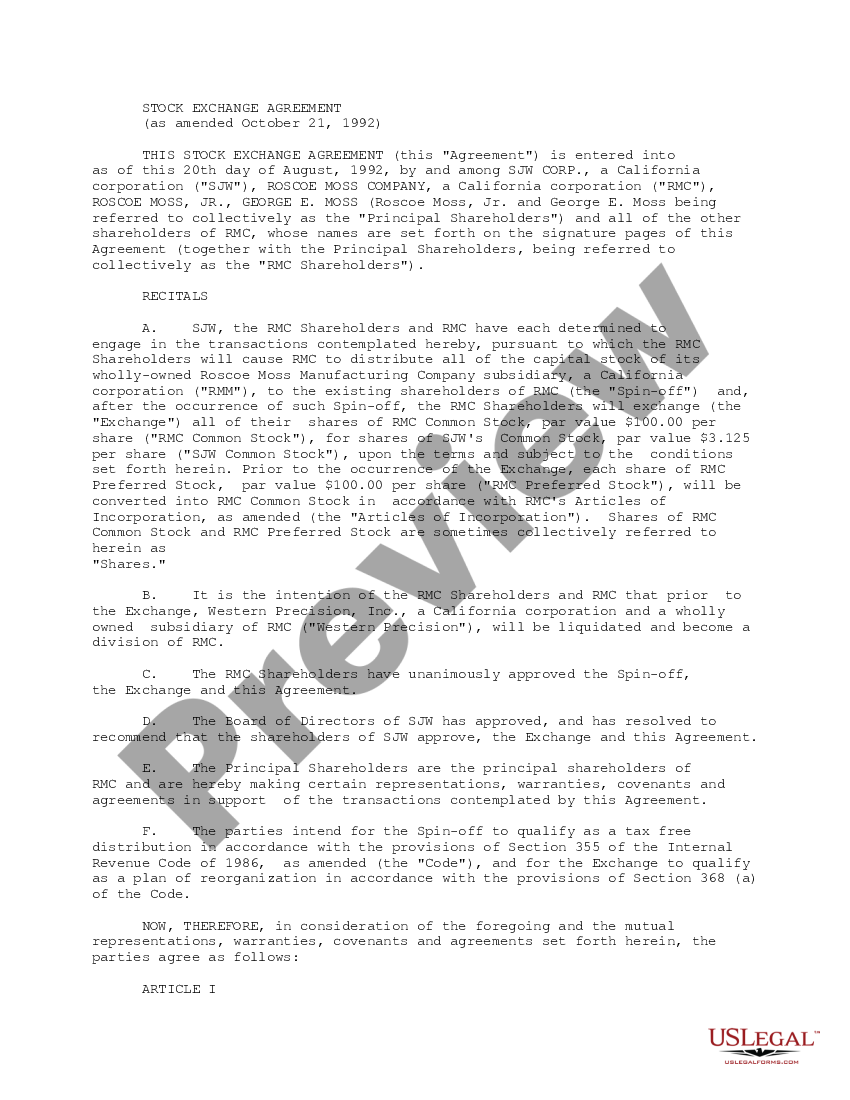 page 0 Stock Exchange Agreement by SJW Corp, Roscoe Moss Company, and RMC Shareholders - Text Only preview