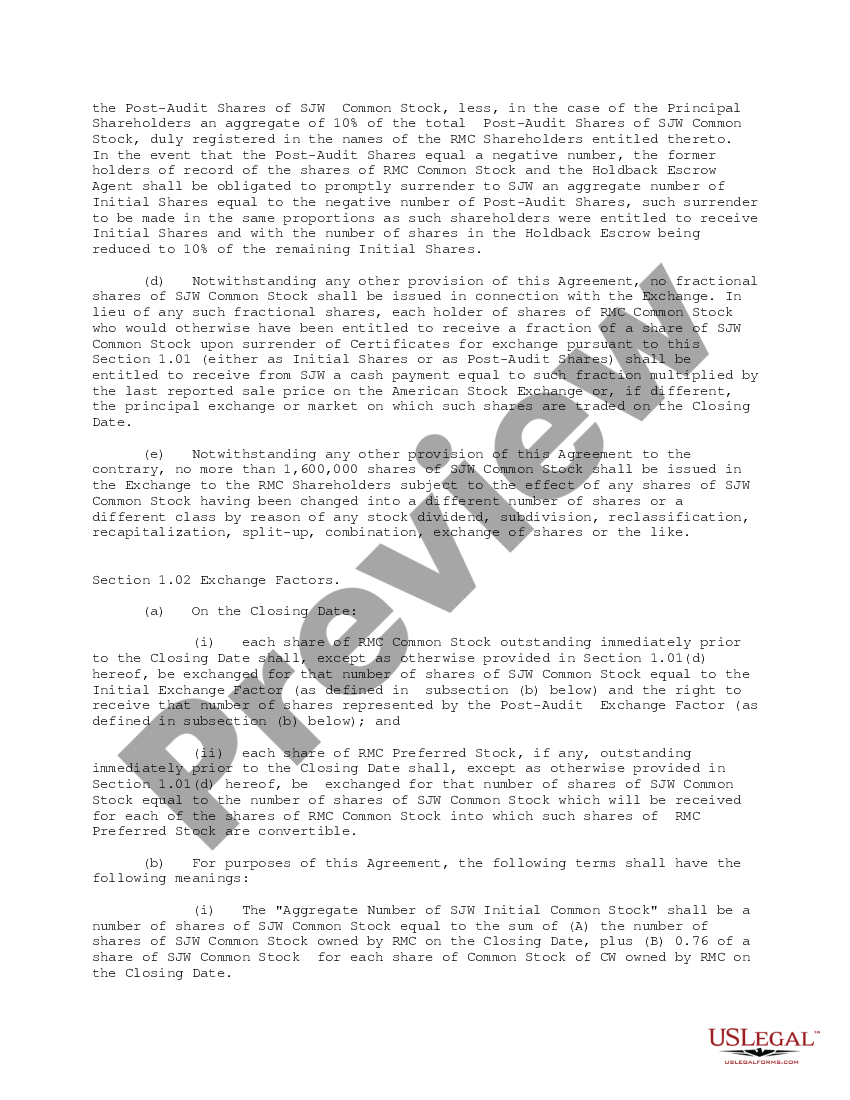 page 2 Stock Exchange Agreement by SJW Corp, Roscoe Moss Company, and RMC Shareholders - Text Only preview