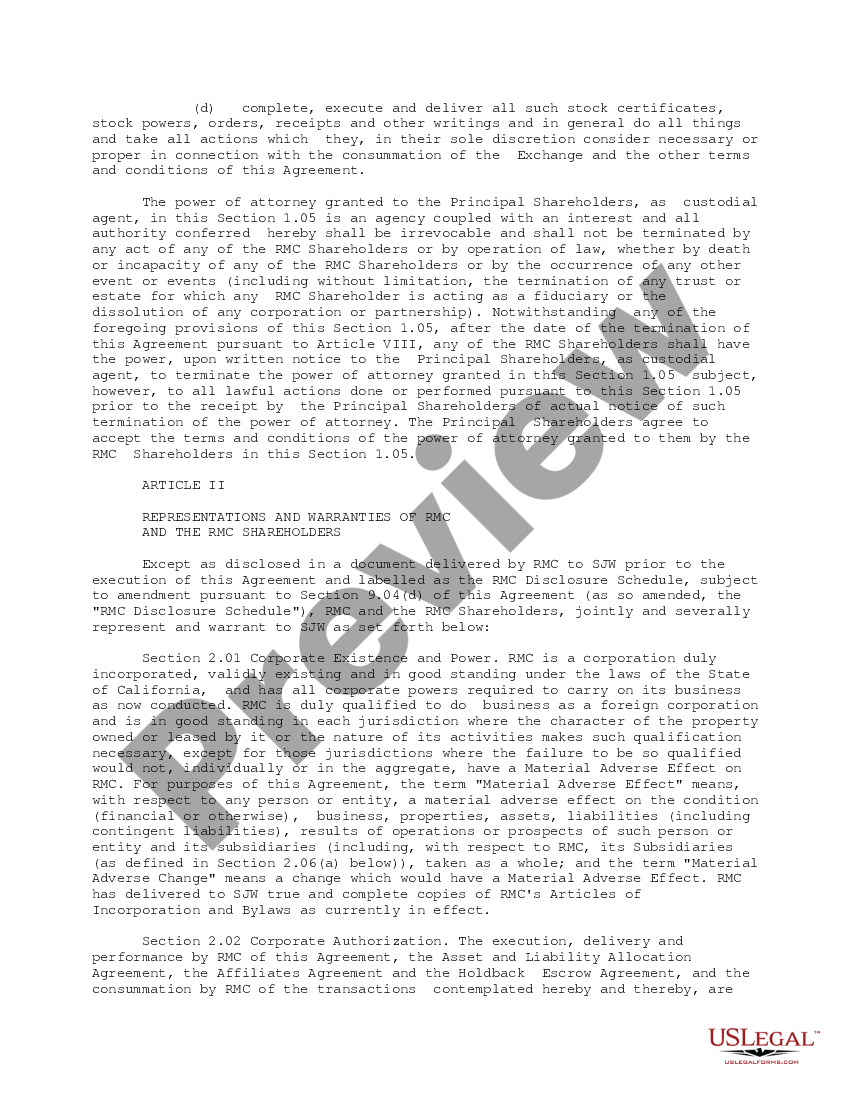page 7 Stock Exchange Agreement by SJW Corp, Roscoe Moss Company, and RMC Shareholders - Text Only preview