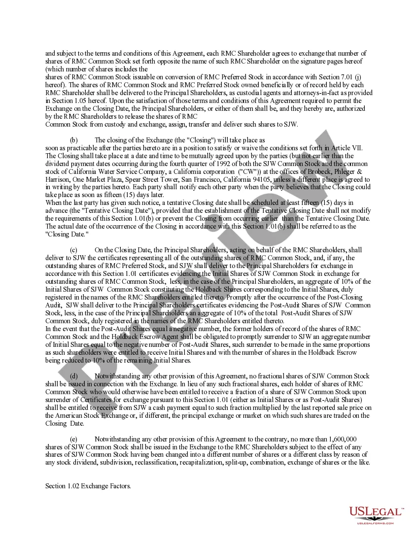 Get Stock Exchange Agreement by SJW Corp, Roscoe Moss Company, and RMC Shareholders - Text Only Preview Stock Exchange Agreement by SJW Corp, Roscoe Moss Company, and RMC Shareholders - Text Only