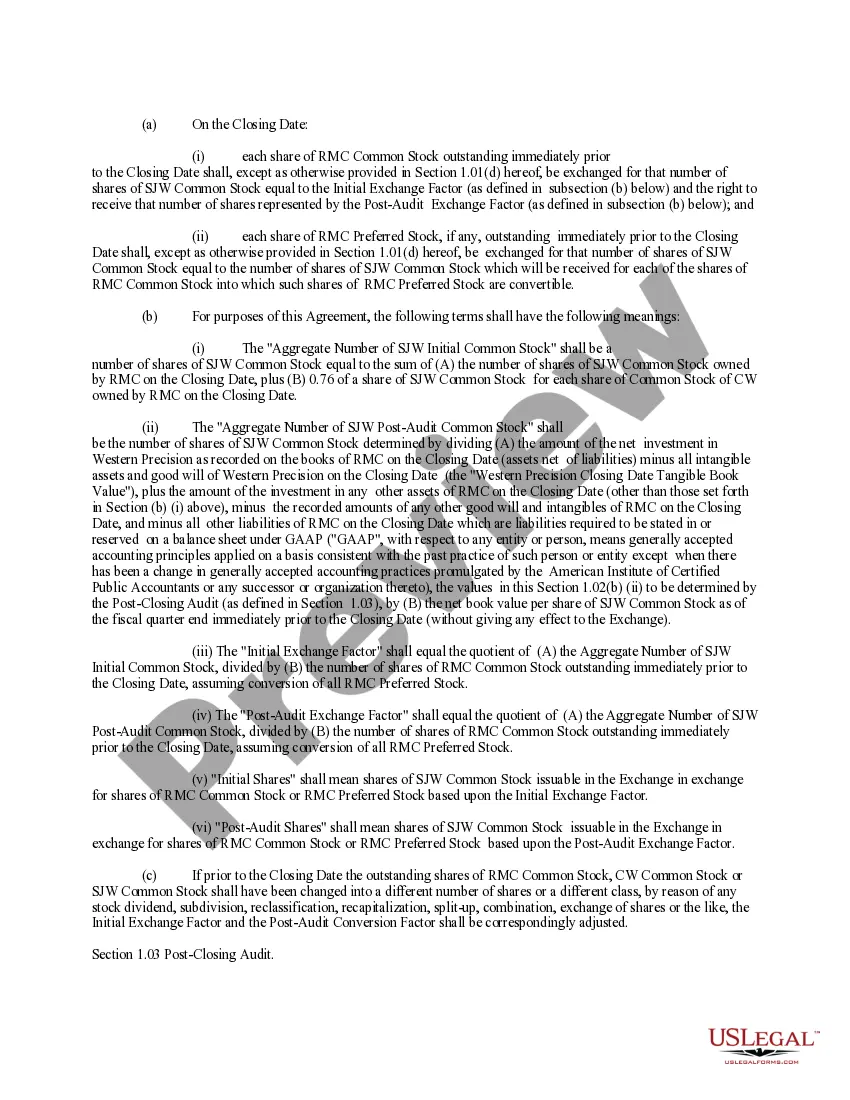 Get Stock Exchange Agreement by SJW Corp, Roscoe Moss Company, and RMC Shareholders - Text Only Preview Stock Exchange Agreement by SJW Corp, Roscoe Moss Company, and RMC Shareholders - Text Only