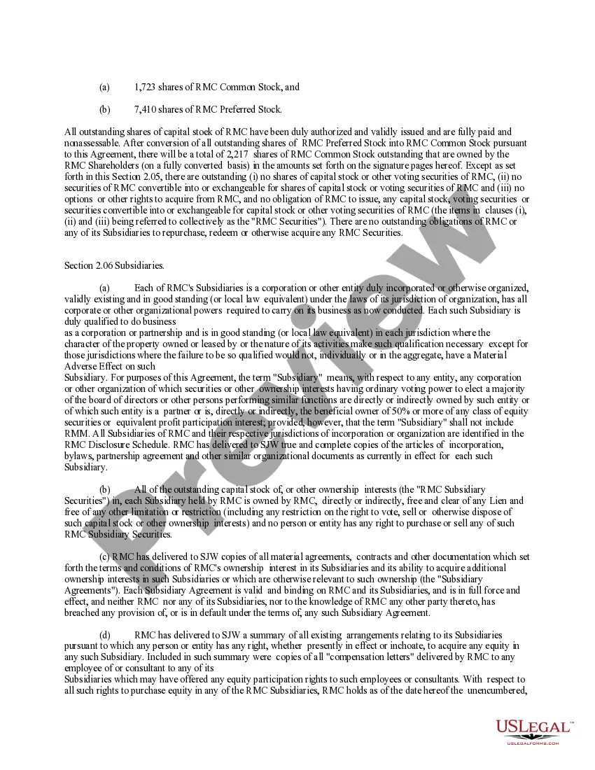 Get Stock Exchange Agreement by SJW Corp, Roscoe Moss Company, and RMC Shareholders - Text Only Preview Stock Exchange Agreement by SJW Corp, Roscoe Moss Company, and RMC Shareholders - Text Only