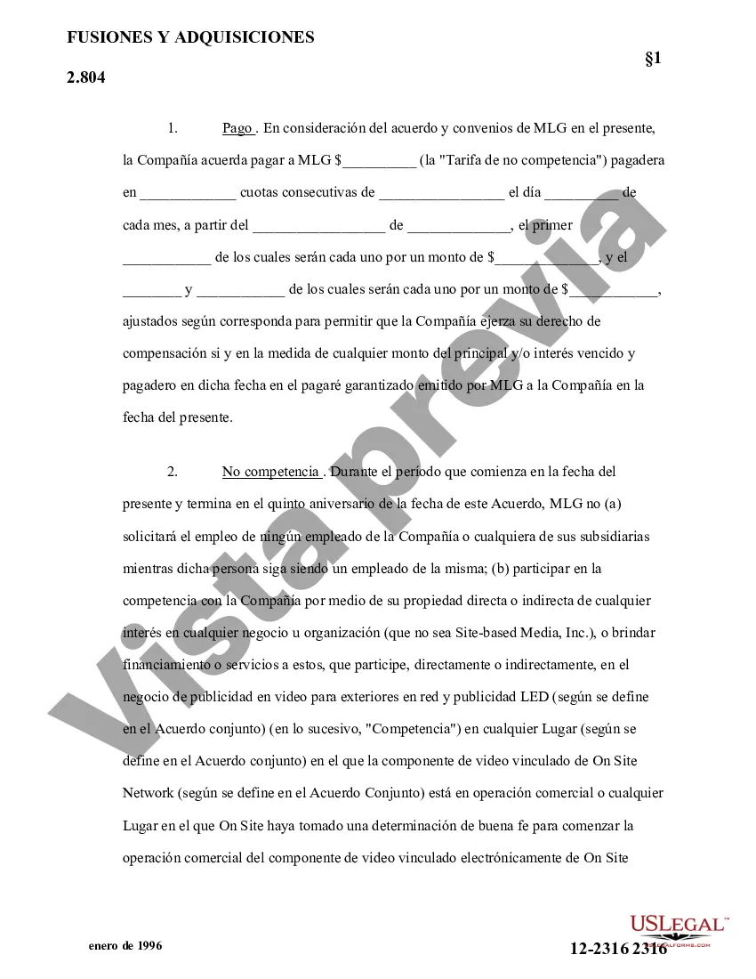Preview Ejemplo de acuerdo de no competencia entre The MarketLink Group, Ltd. y On Site Media, Inc.