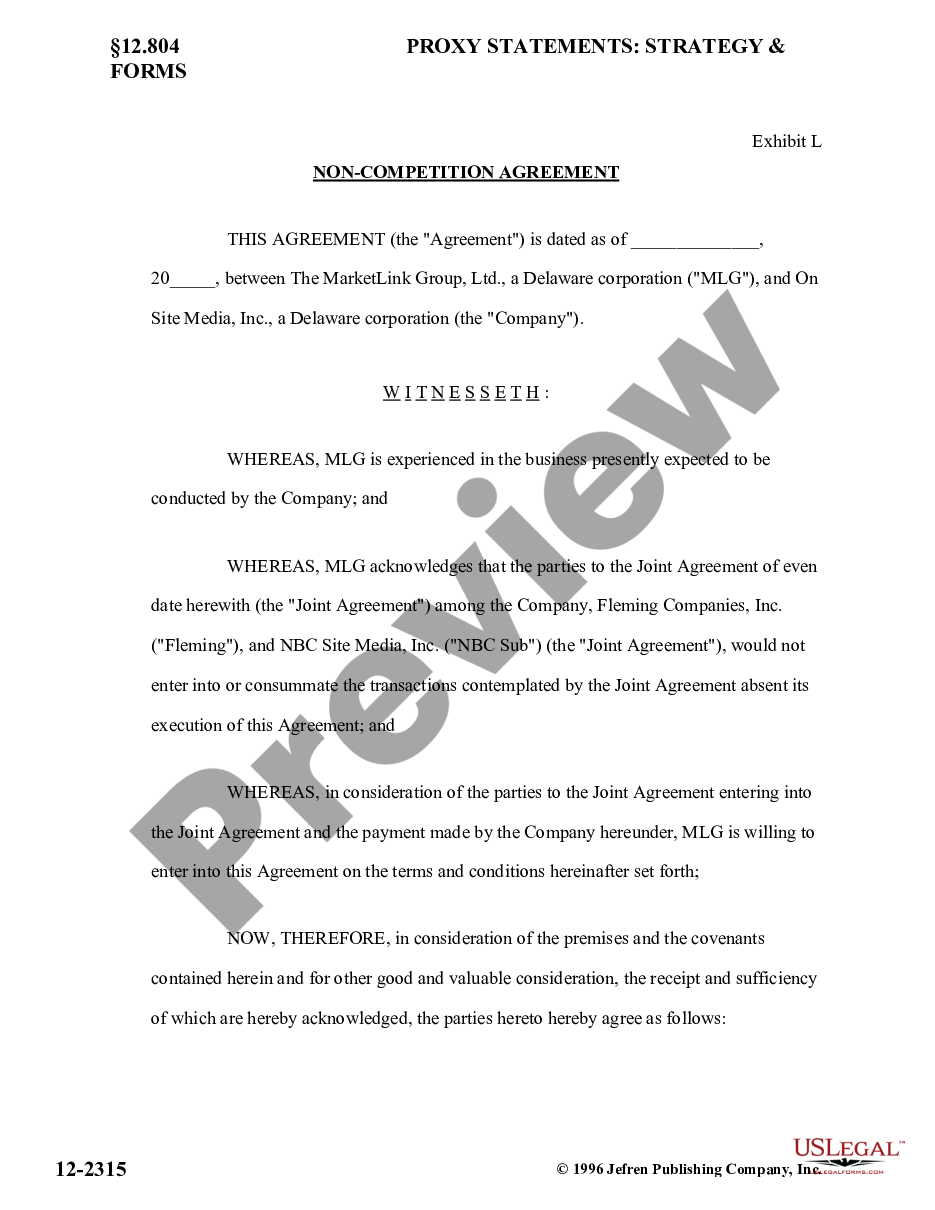 page 0 Sample Noncompetition Agreement between The MarketLink Group, Ltd., and On Site Media, Inc. preview