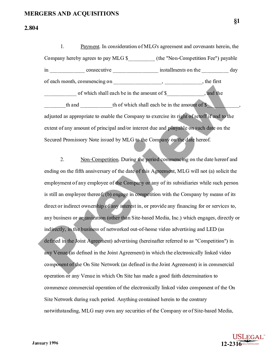 page 1 Sample Noncompetition Agreement between The MarketLink Group, Ltd., and On Site Media, Inc. preview
