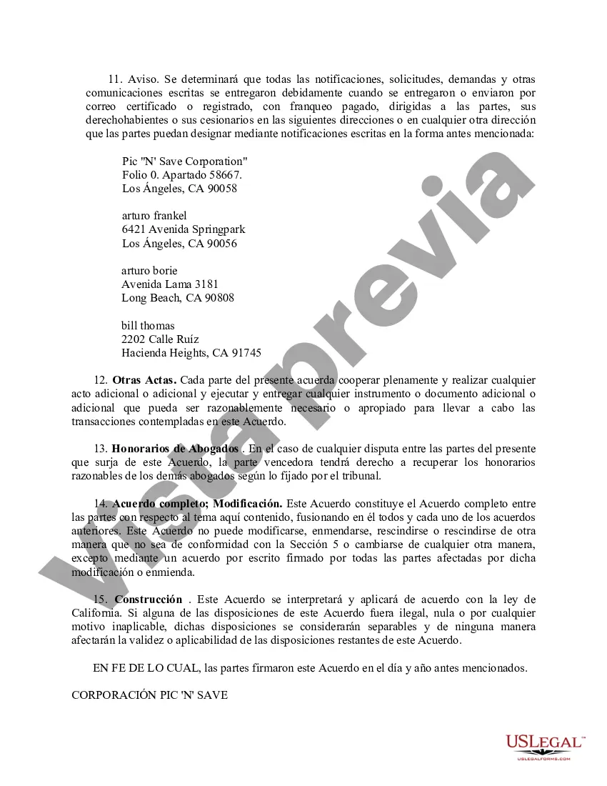 Preview Ejemplo de acuerdo ejecutivo de compra de acciones entre Pic N Save Corporation y los compradores