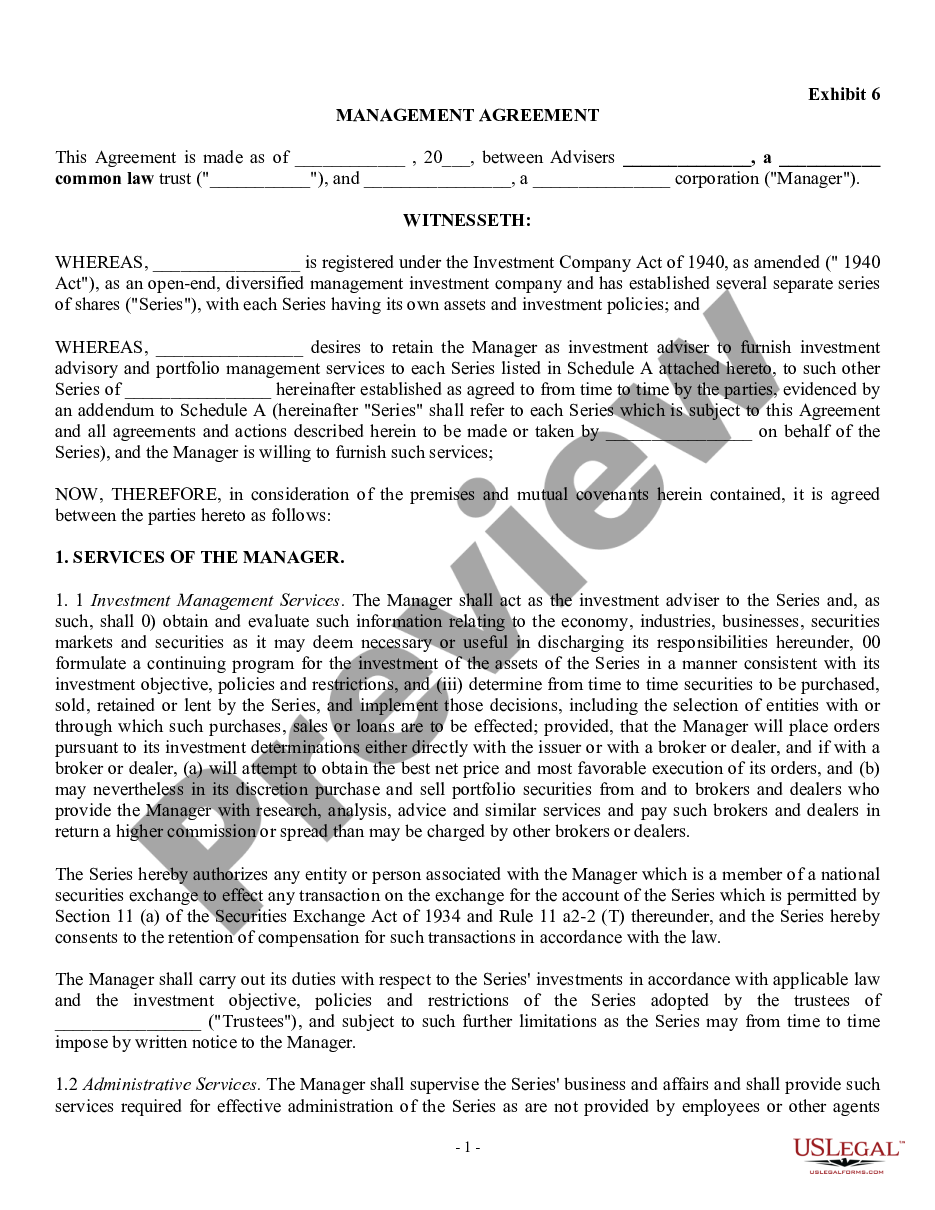 page 0 Management Agreement between a Trust and a Corporation preview