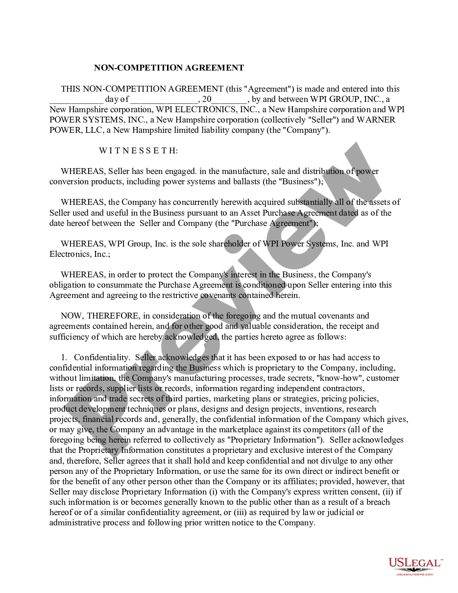 page 0 Sample Noncompetition Agreement between two Businesses preview