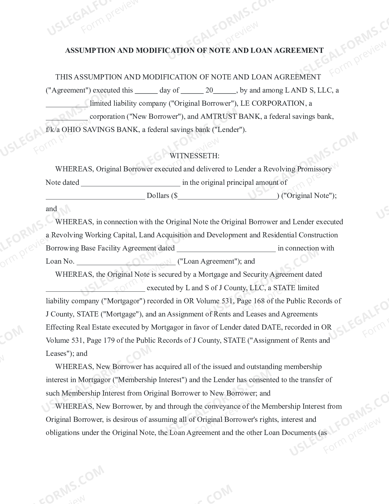 Assumption and Modification of Note and Loan Agreement US Legal Forms