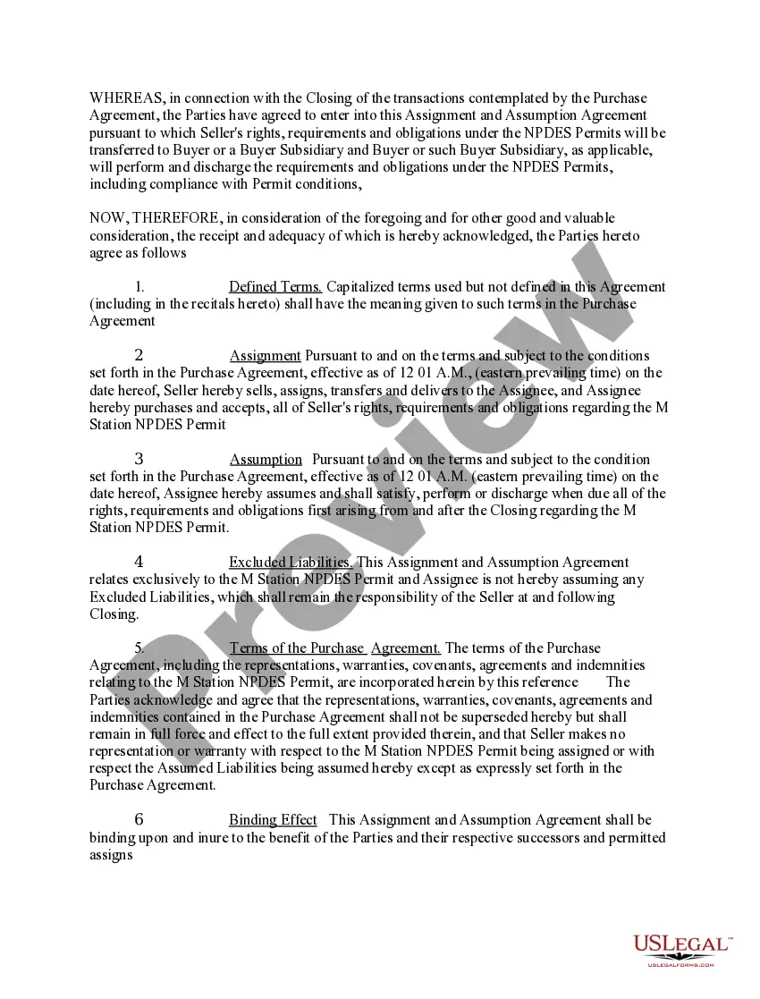Preview Assignment and Assumption Agreement regarding a National Pollution Discharge And Elimination System Permit
