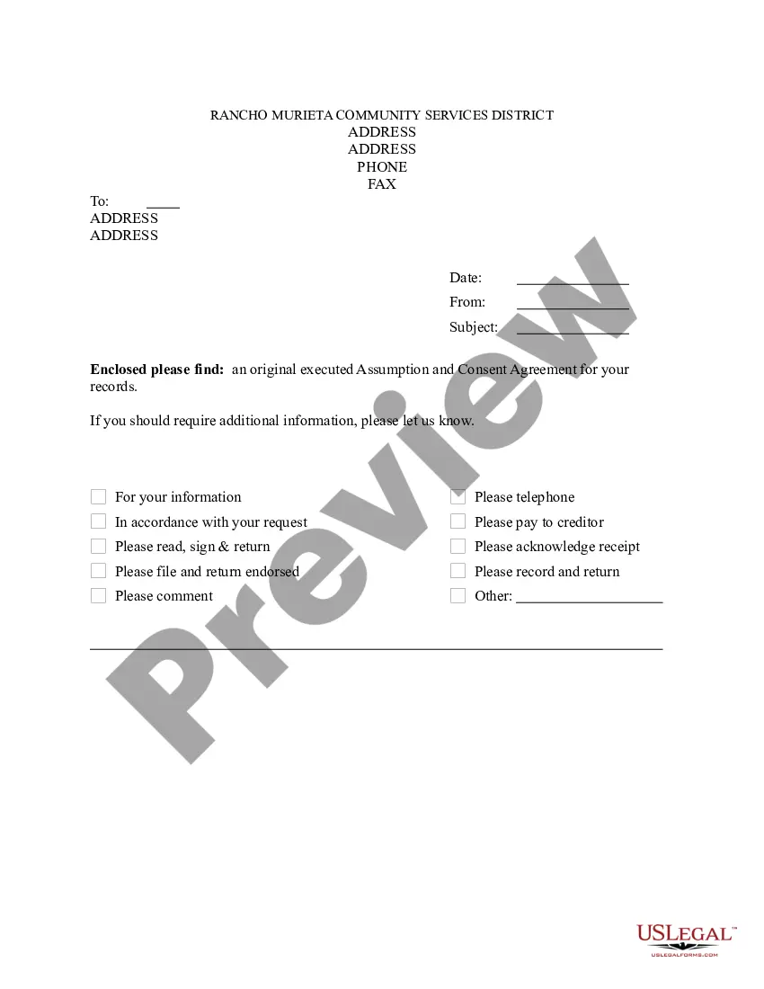 Preview Assumption and Consent Agreement including a Letter to of Assistance