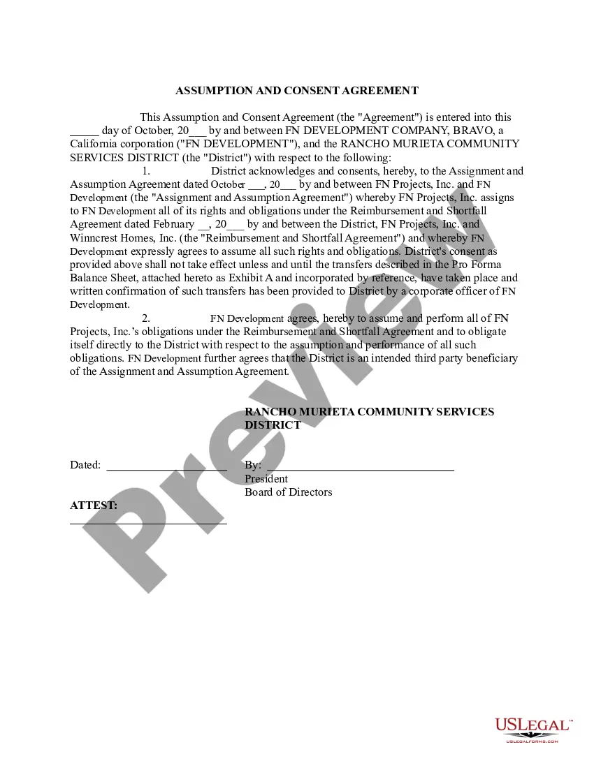 Preview Assumption and Consent Agreement including a Letter to of Assistance