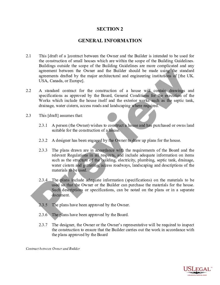 Preview Contract Between Owner and Builder for Construction of a House