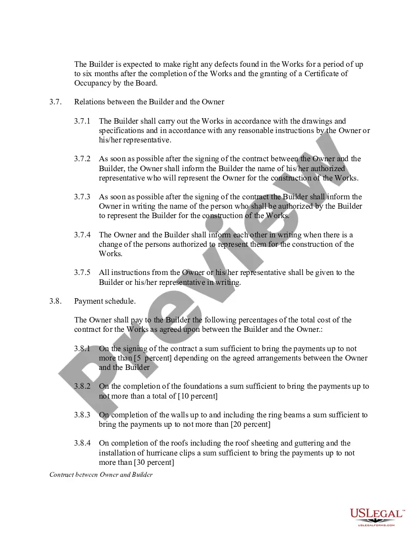 Preview Contract Between Owner and Builder for Construction of a House