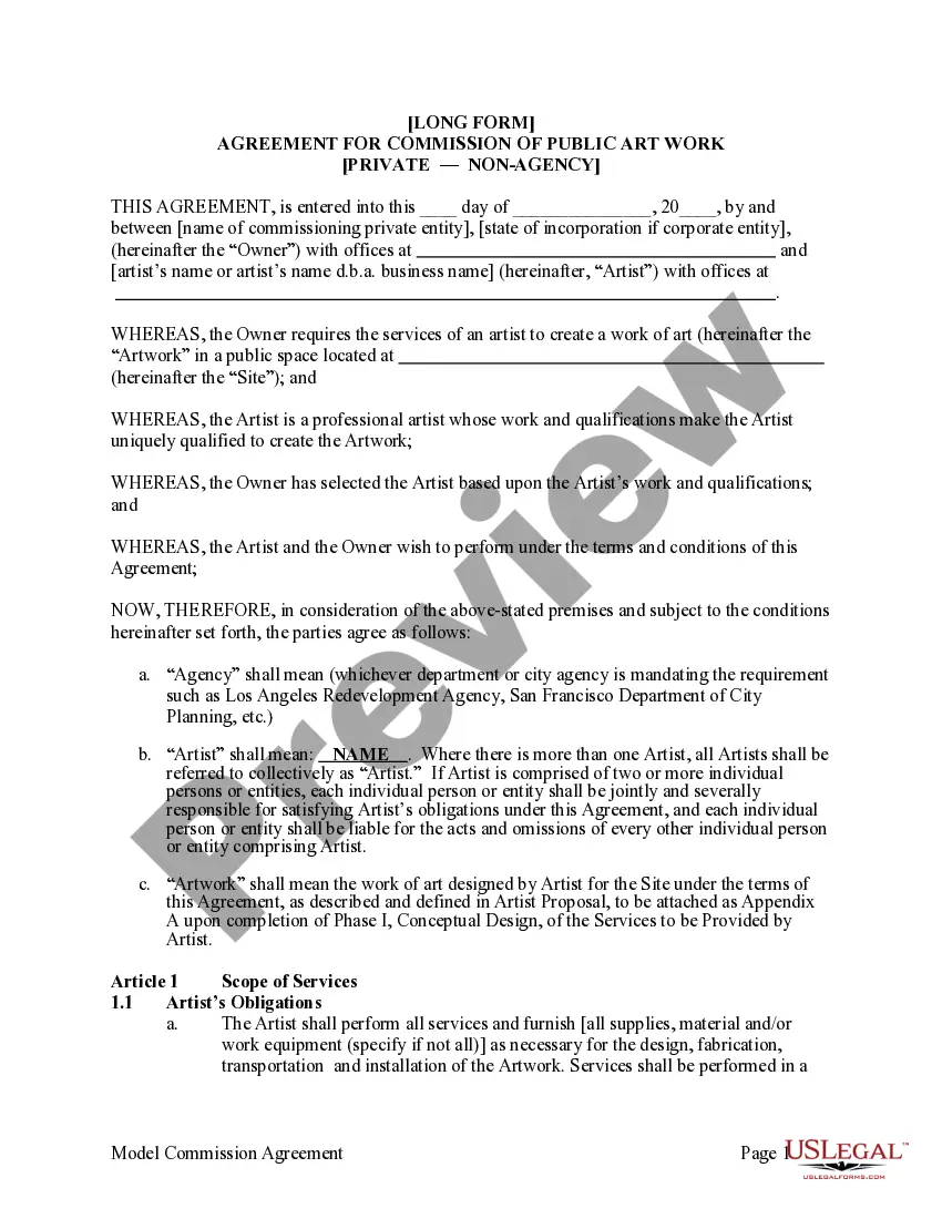Preview Agreement for Commission of Public Art Work Between Artist and Private Entity or Non-Agency