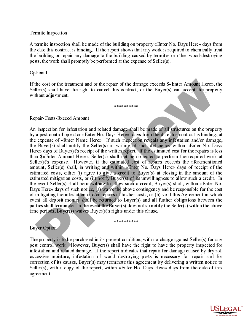 Termite Inspection Clauses Contract for Real Property US Legal Forms