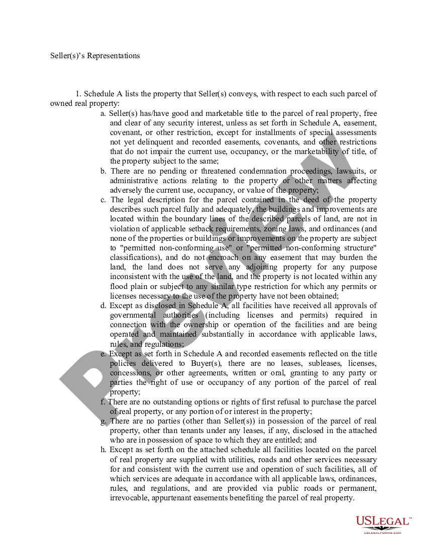 Seller Representations Clauses Contract for Real Property US Legal Forms