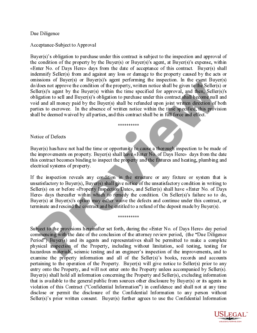 Due Diligence Clauses Contract for Real Property US Legal Forms